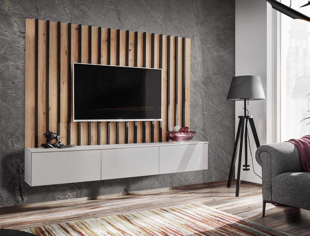 WOHNWAND grau, Artisan Eiche 180 cm, Schrankwand mit Wandpaneel, Push-to-Open - Eiche Artisan/Grau, Holzwerkstoff (180/148/35cm) - Furn.Design