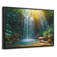 LEINWAND Bilder mit Rahmen - Wasserfall - Dschungel - Sonne - Grün - Natur - 30x20 - Grün, Textil (30/20cm) - MuchoWow