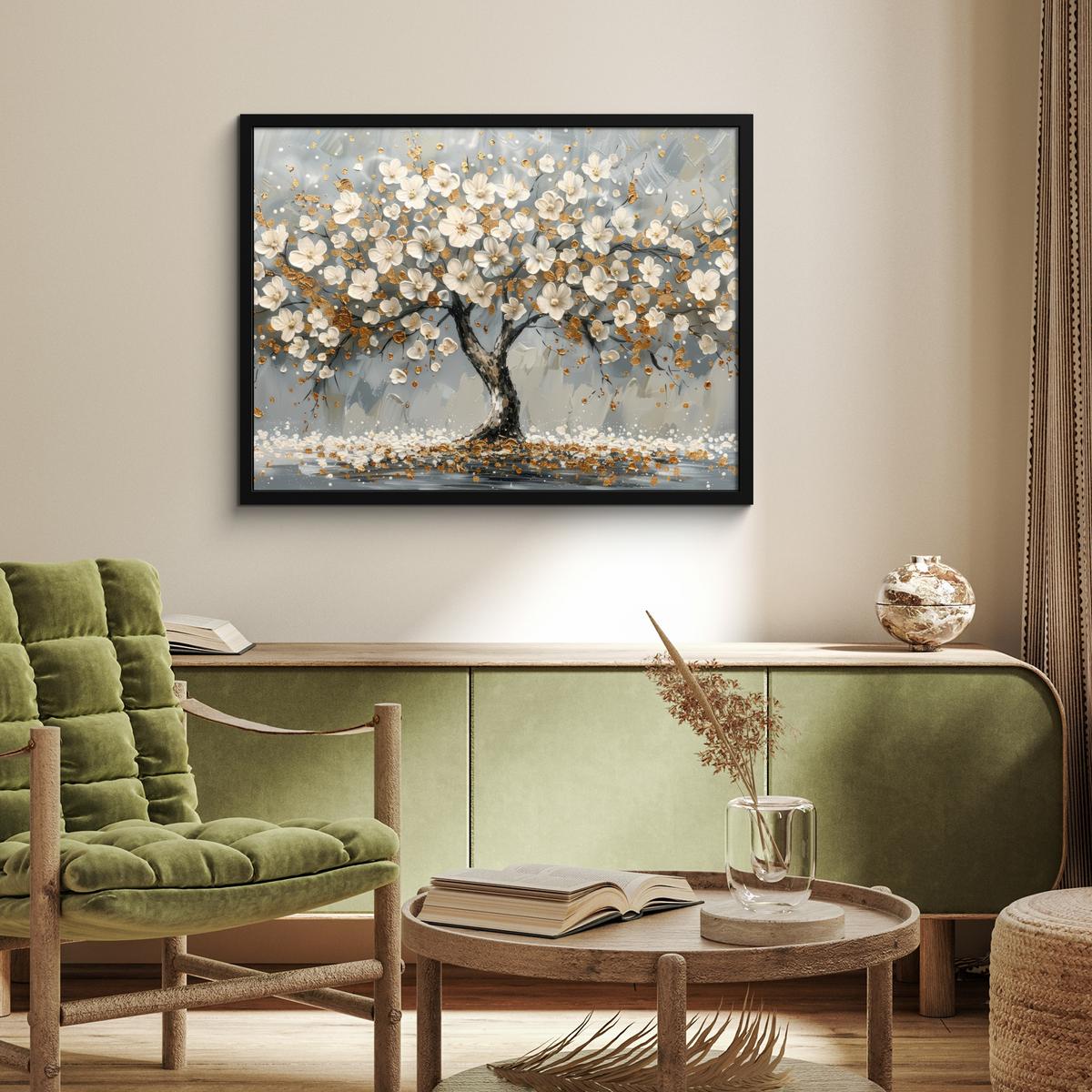 POSTER MIT RAHMENGERAHMTES BILD Baum - Blumen - Weiß - Natur - Kunst 80x60 cm - Weiß, Papier (80/60cm) - MuchoWow