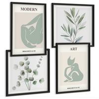 BILDER SET 4er Set - 50x50 cm & 40x60 cm Schwarzer Rahmen - Pflanzenmotive, zartes Grün - Schwarz, Kunststoff (50/50cm) - TULUP