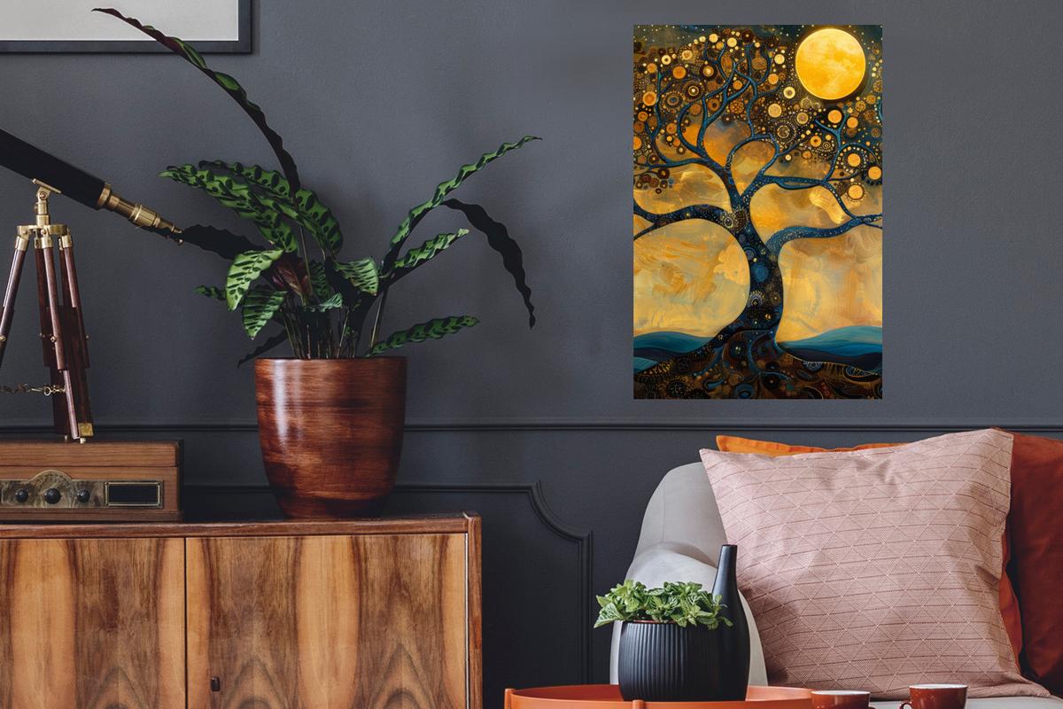 WANDTATTOO Baum - Mond - Blumen - Gold - Kunst Wandbild 40x60 cm - Orange, Kunststoff (40/60/0.1cm) - MuchoWow