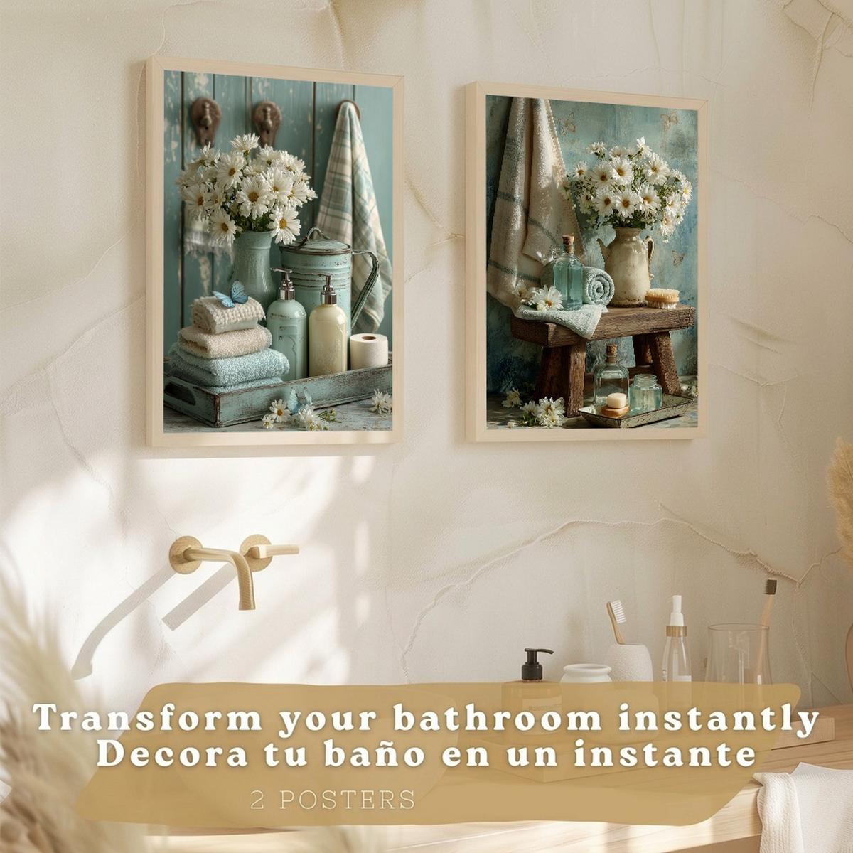 POSTER Set mit 2 dekorativen Badezimmer-Drucken, Shabby Chic Blumenposter für Wand, Waschbecken, romantische Dekoration mit Blumen Rahmenlos A3 - Klar, Papier (42/29.7/3cm) - Nacnic