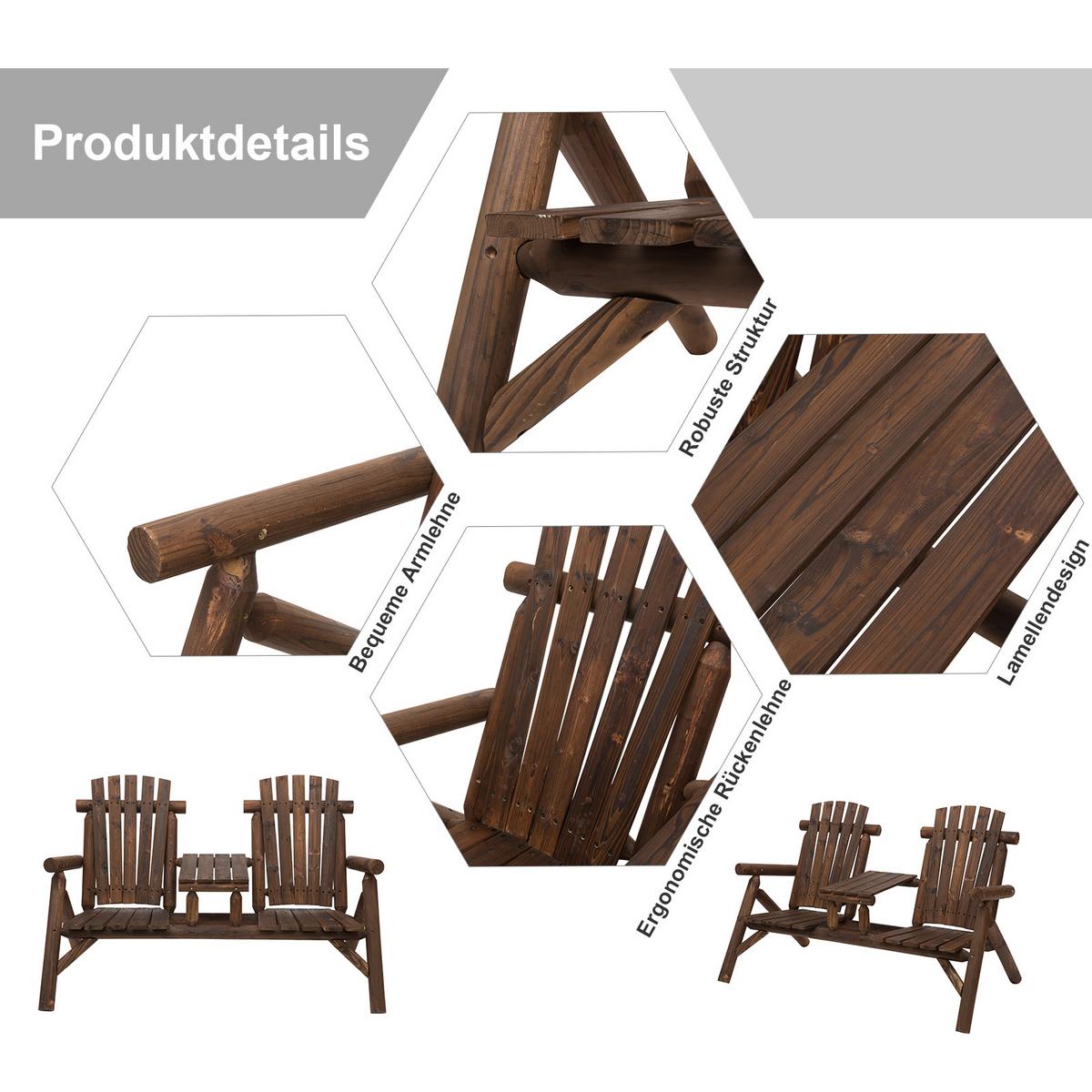 GARTENBANK mit Tisch, 157 x 88 x 103 cm, Massivholz, Braun - Braun, Holz (88/103/157cm) - Outsunny