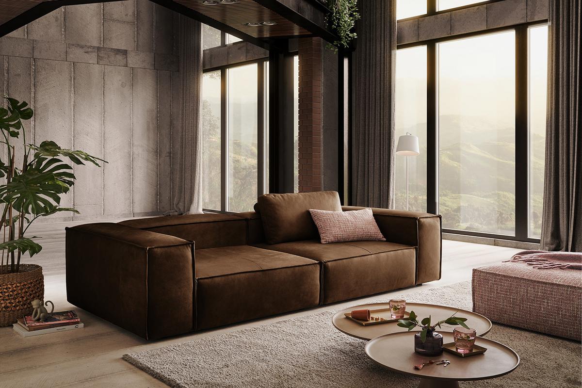 SOFA CARMO Braun Leder - Schwarz/Braun, Leder/Kunststoff (266/68/118cm) - KAWOLA