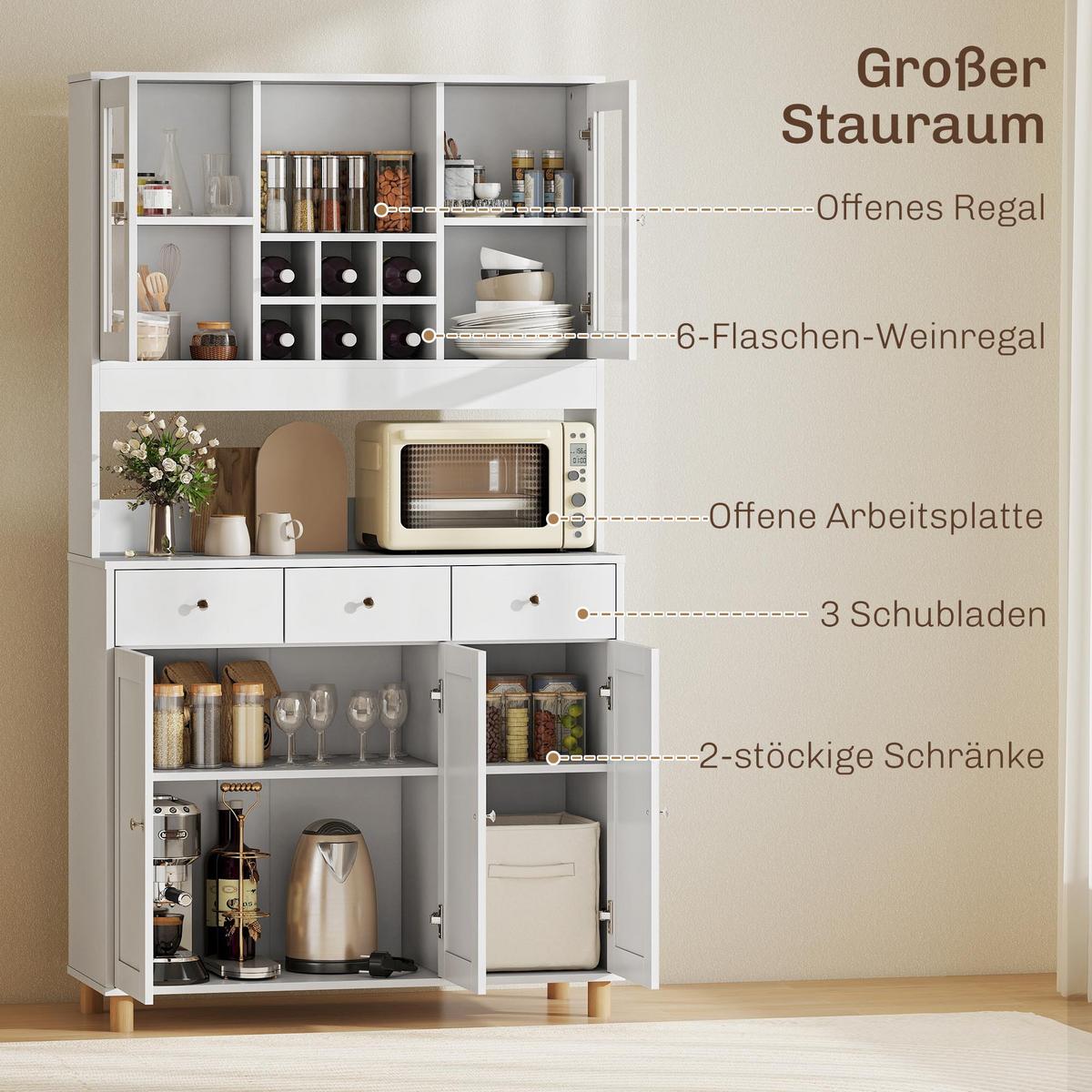 KÜCHENSCHRANK Spanplatte Hartglas Weiß - Silberfarben/Weiß, Holzwerkstoff/Metall (40/180/100cm) - HOMCOM