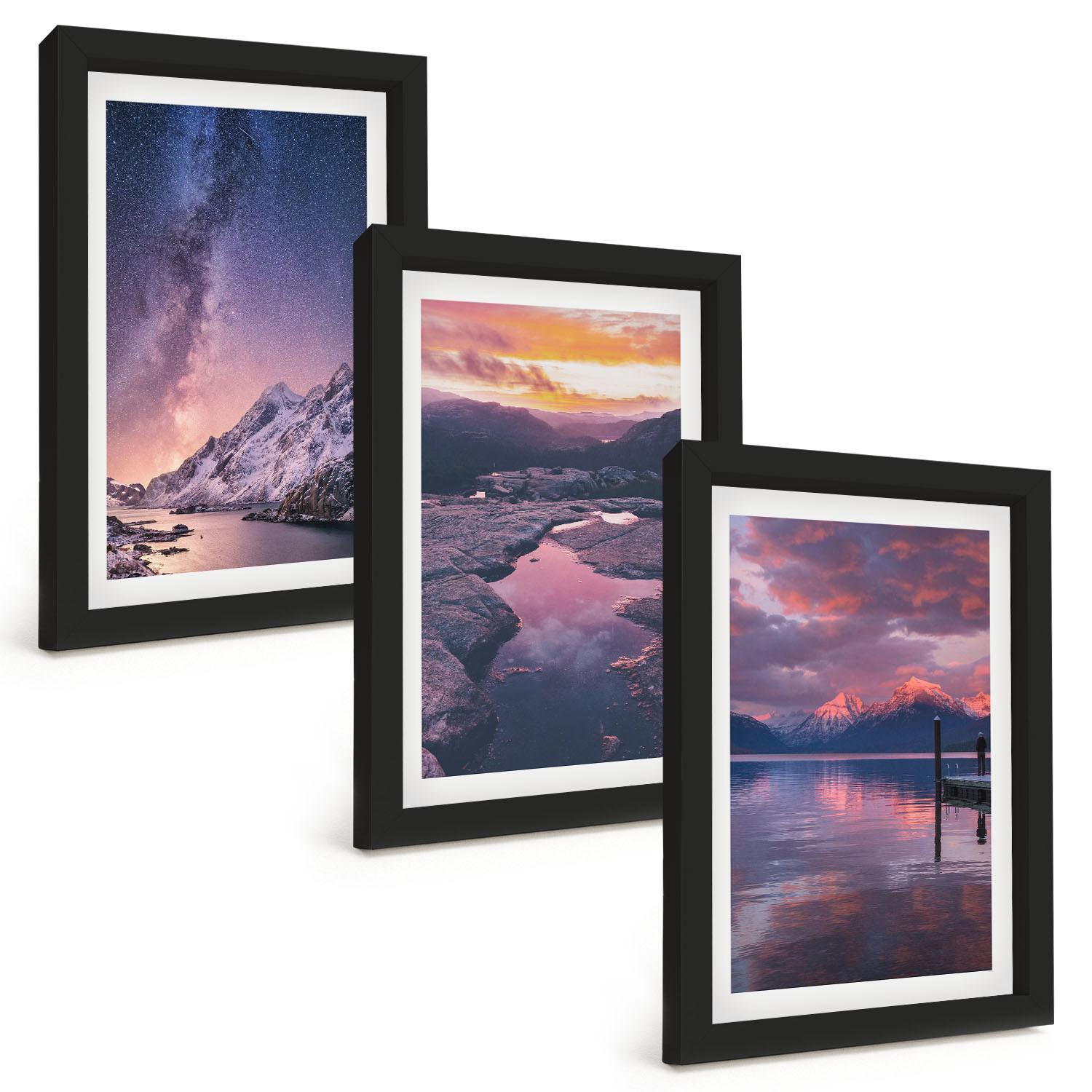 BILDER SET 3er Set - 20x30 cm Schwarzer Rahmen - Berge, Wasser, wunderschöne Landschaften - Schwarz, Kunststoff (20/30cm) - TULUP