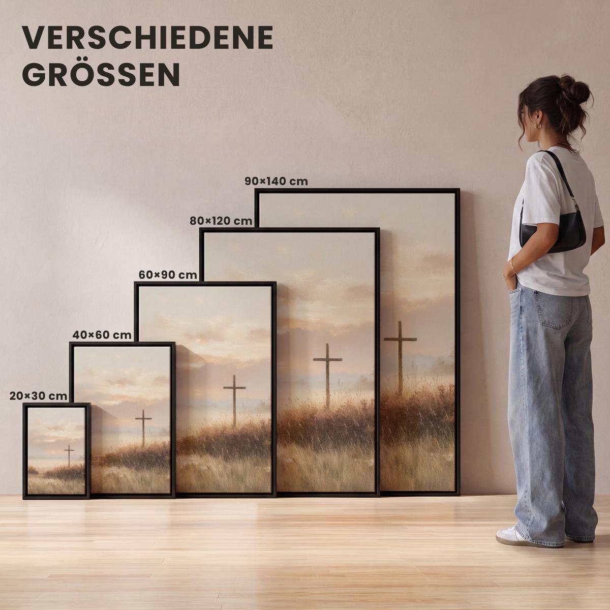 LEINWAND Bilder mit Rahmen - Gras - Morgennebel - Kreuz - Christentum - 80x120 - Beige, Textil (80/120cm) - MuchoWow