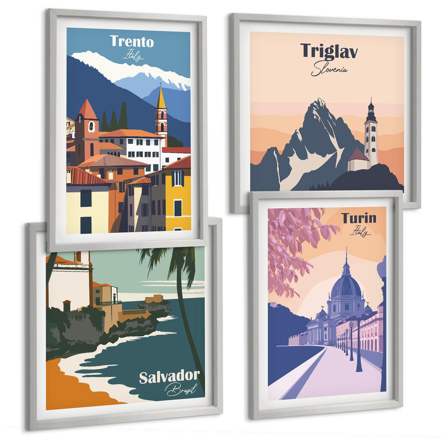 BILDER SET 4er Set - 50x50 cm & 40x60 cm Silberner Rahmen - Illustrationen zur Retro-Architektur der Berge - Silberfarben, Kunststoff (50/50cm) - TULUP