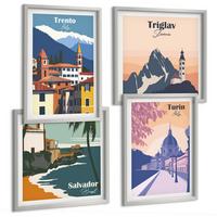 BILDER SET 4er Set - 50x50 cm & 40x60 cm Silberner Rahmen - Illustrationen zur Retro-Architektur der Berge - Silberfarben, Kunststoff (50/50cm) - TULUP