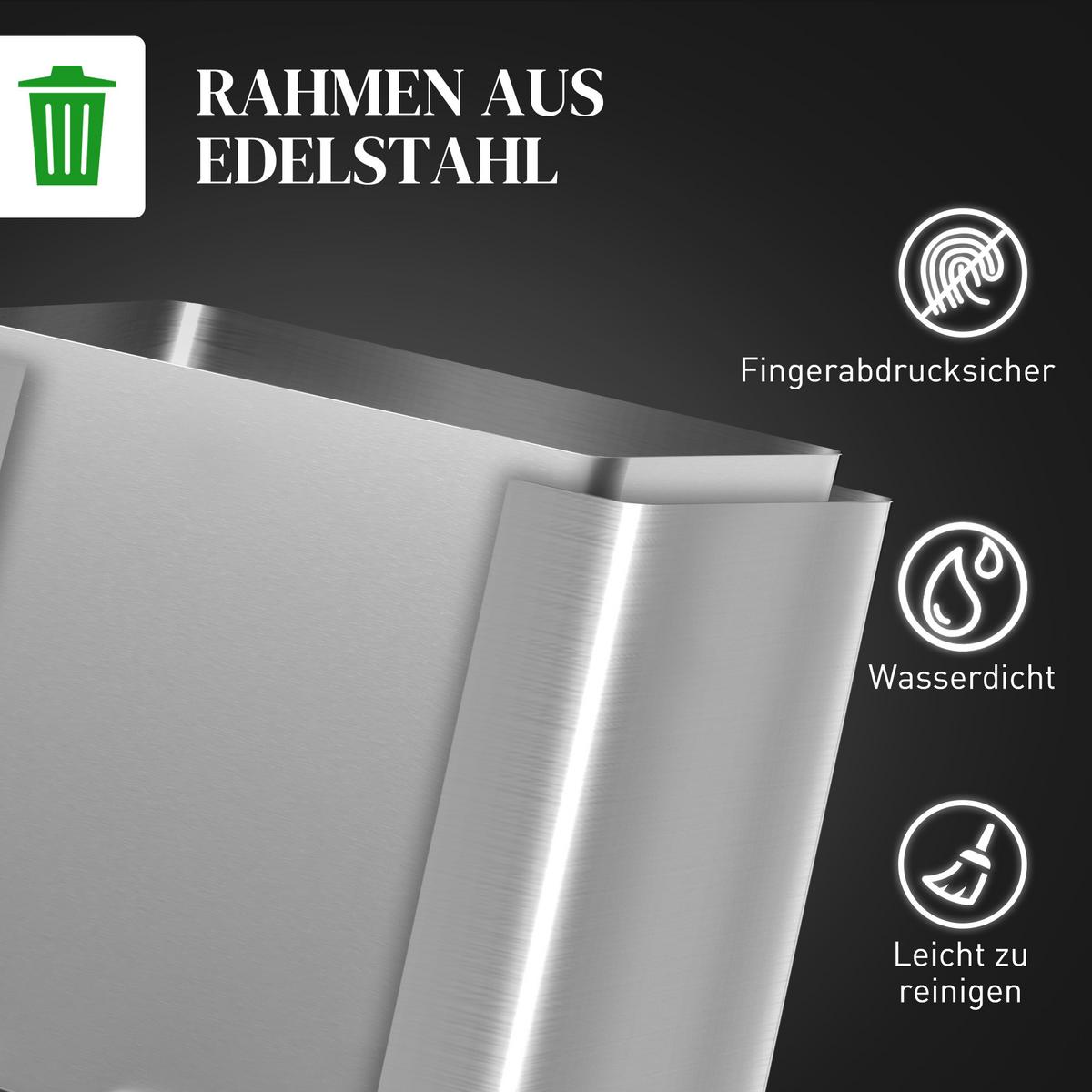 MÜLLEIMER 40L Edelstahl, Silber, 40 x 34,8 x 59 cm - Silberfarben, Kunststoff (34.8/59/70cm) - HOMCOM