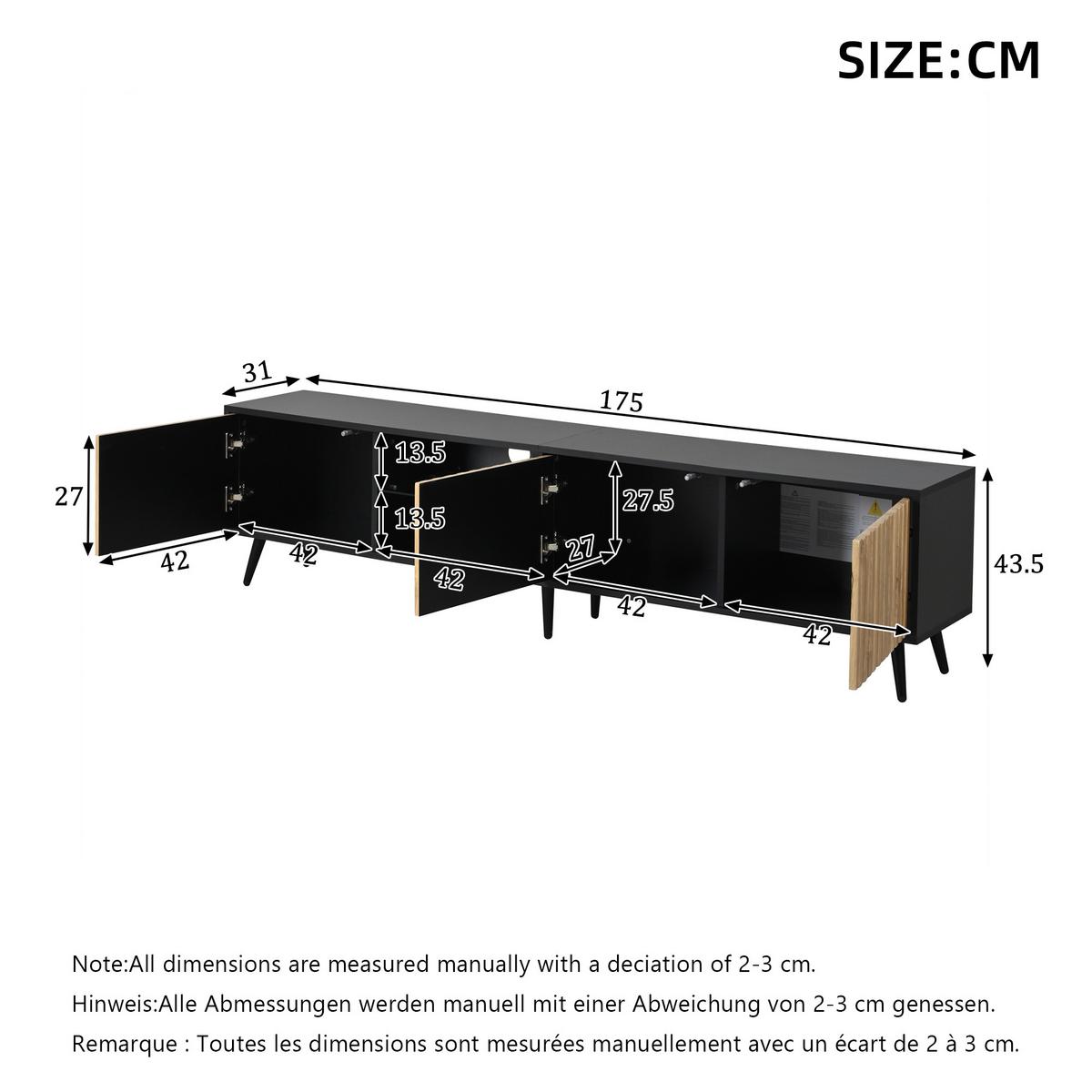 TV-LOWBOARD für 75-zoll tv, holzoptik & schwarz, led-beleuchtung mit app-steuerung - Naturfarben, Holzwerkstoff (175/43.5/31cm) - Urban Meuble