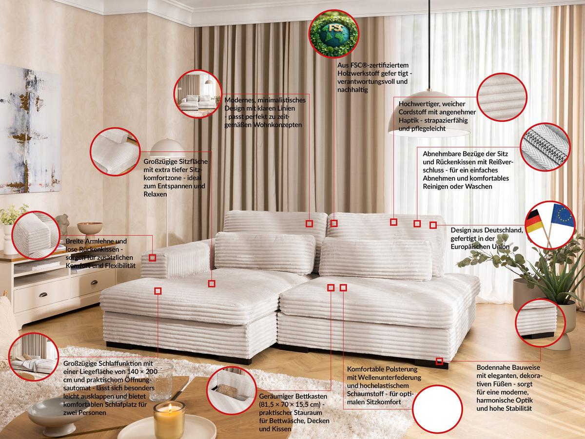 ECKSOFA Wolke mit tiefer Sitzfläche, Schlaffunktion und praktischem Bettkasten aus weichem Hellbeige Cordstoff - Beige/Schwarz, Holz/Kunststoff (162/225cm) - S-Style