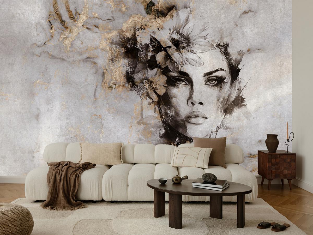 FOTOTAPETE für Wohnzimmer Frau Porträt Beton Blumen Modern 450x315 - Gelb/Beige, Papier (450/315cm) - Muralo