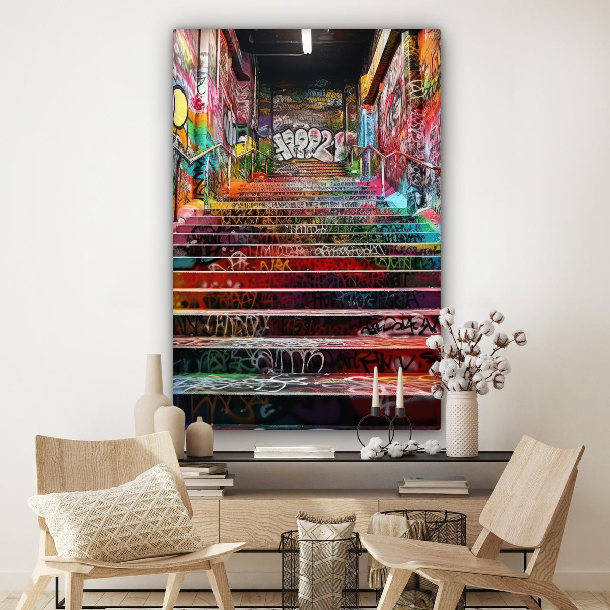 LEINWANDBILD Treppe - Graffiti - Farben - Kunst Deko Groß 90x140 cm - Multicolor, Textil (90/140cm) - MuchoWow