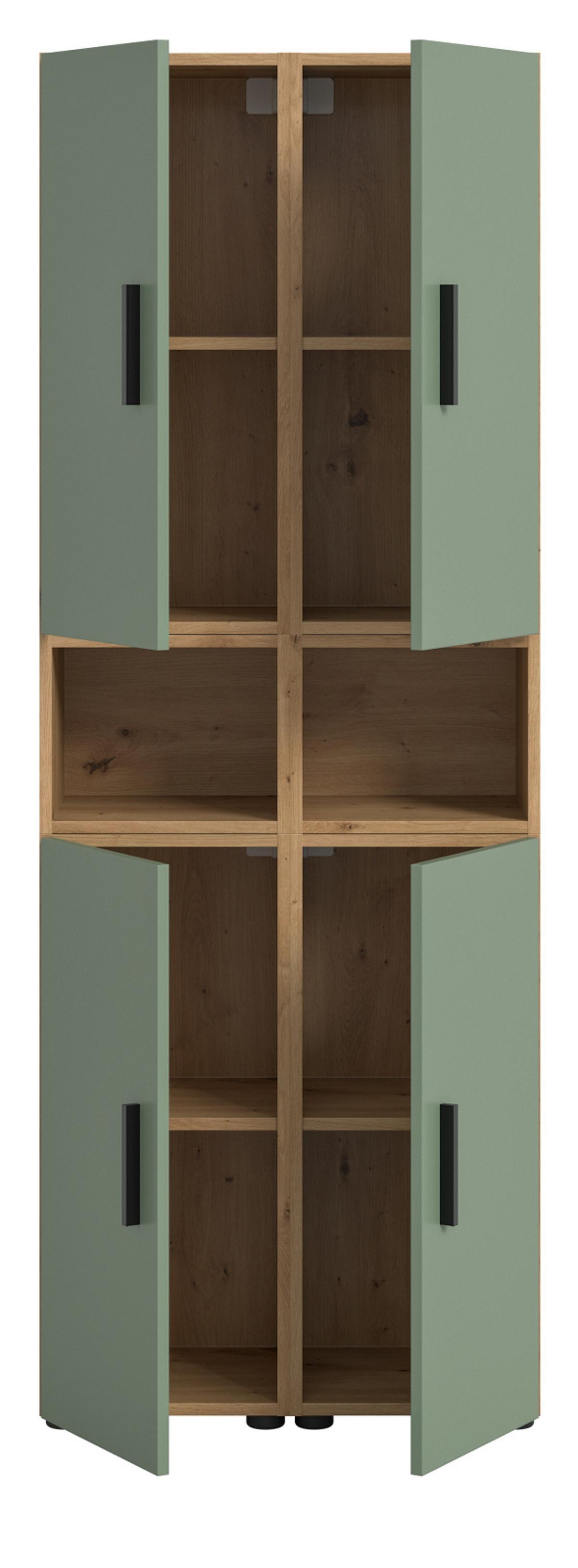 STAURAUMSCHRANK grün, Eiche Artisan 65 x 178 cm, Mehrzweckschrank mit viel Stauraum - Schwarz/Eiche Artisan, Holzwerkstoff/Kunststoff (65/178/34cm) - Inn.Furn