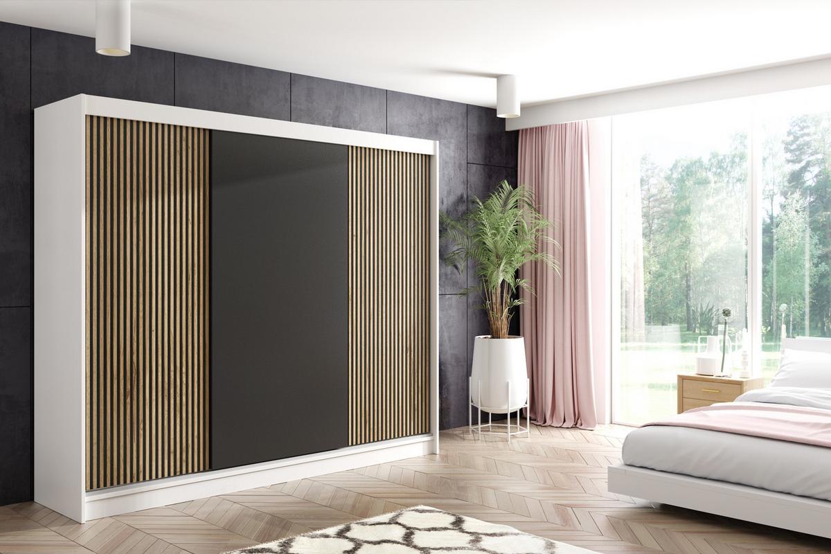 KLEIDERSCHRANK VILAN mit Lamel/LED - 250 cm - Weiß|Eiche Wotan - Eiche Wotan/Weiß, Holzwerkstoff (250/215/61cm) - ALTDECOR