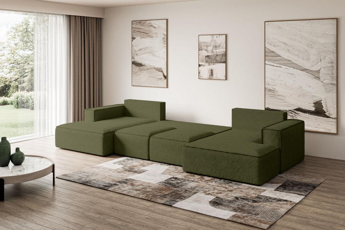 WOHNLANDSCHAFT mit Schlaffunktion und Bettkasten SIERRA-U-S - 349x161x87 cm Grün Bouclé - Schwarz/Grün, Holzwerkstoff/Kunststoff (349/87/161cm) - ALTDECOR