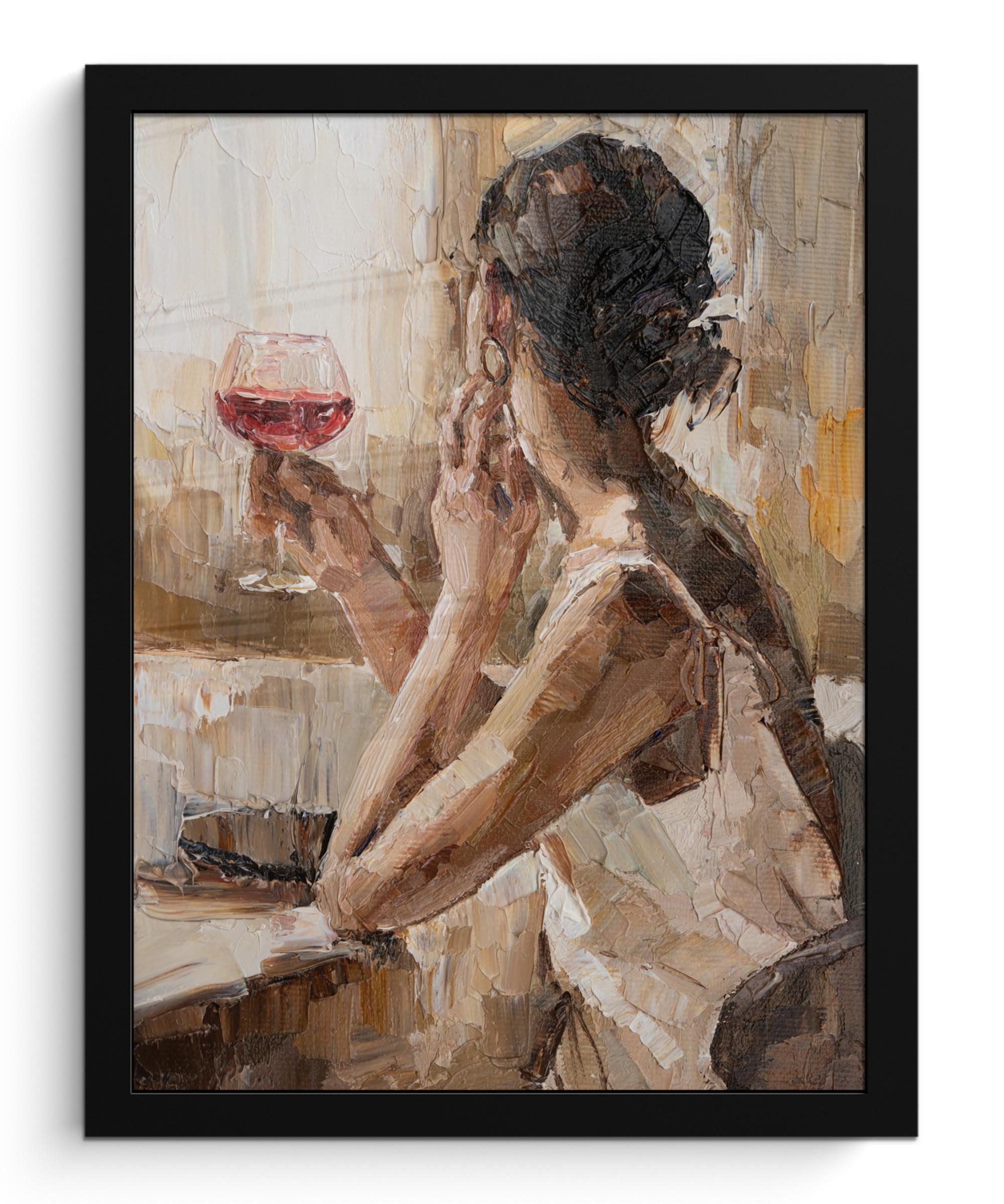 POSTER MIT RAHMEN Ölgemälde - Frau - Wein Bilderrahmen 30x40 cm - Hellbraun, Papier (30/40cm) - MuchoWow