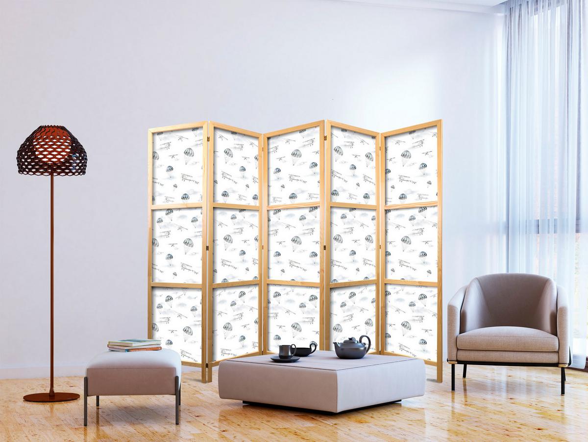 PARAVENT Japanischer 5-tlg 225x172 cm Flugzeuge Und Fallschirme - Weiß, Holz/Textil (225/172/3cm) - Muralo