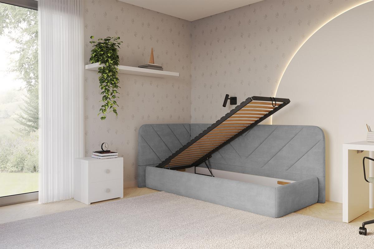 EINZELLBETT Jugendbett mit Bettkasten und Matratze H3/H4, Rechts - FIKY 90x200 Grau - Silberfarben, Holzwerkstoff/Textil (90/200cm) - ALTDECOR