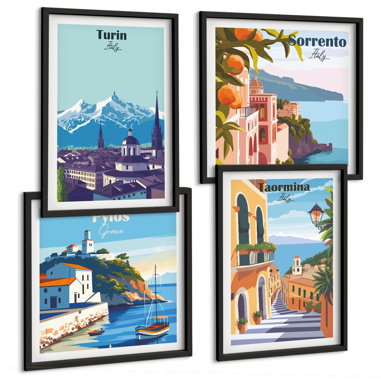 BILDER SET 4er Set - 50x50 cm & 40x60 cm Schwarzer Rahmen - Farbenfrohe Illustrationen von Retro-Städten - Schwarz, Kunststoff (50/50cm) - TULUP