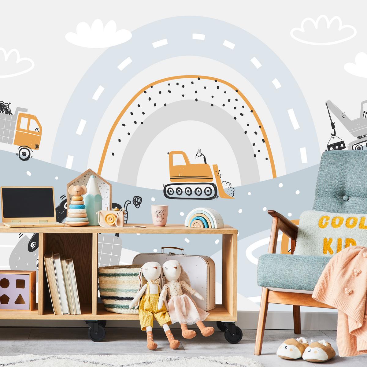 FOTOTAPETE für Kinderzimmer Zeichnung Baustellenfahrzeuge Hügel Regenbogen 100x70 - Multicolor, Papier (100/70cm) - Muralo