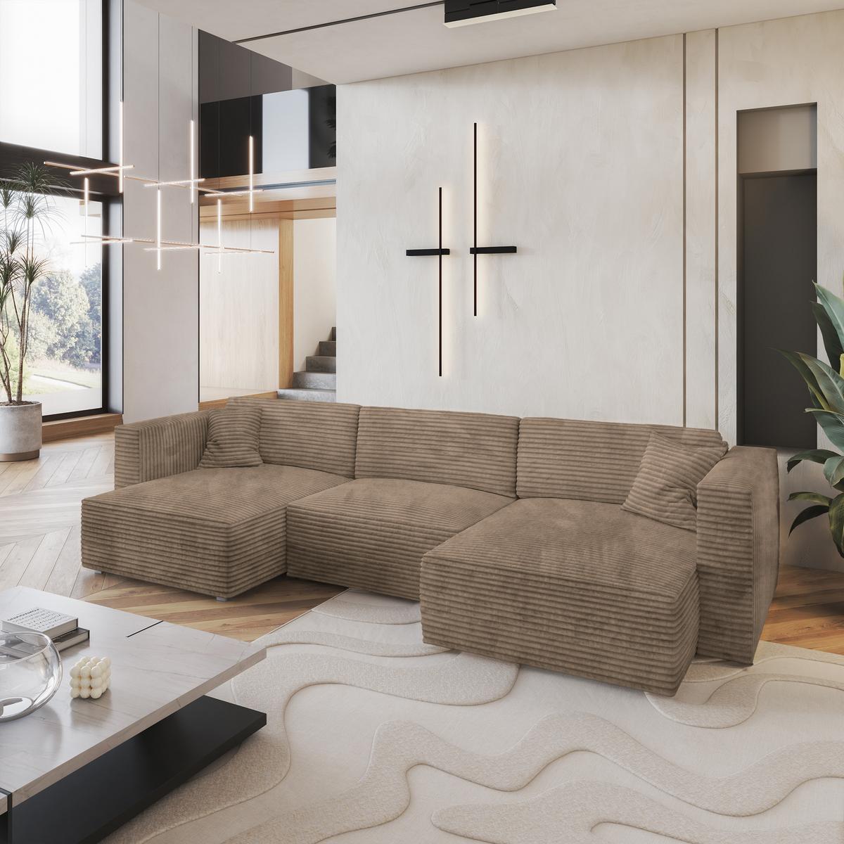 WOHNLANDSCHAFT SARMO Beige Kordstoff mit Schlaffunktion - Beige/Grau, Holz/Kunststoff (347/90/148cm) - MASSENO