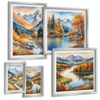BILDER SET 5er Set - 50x50 cm & 20x30 cm & 40x60 cm Silberner Rahmen - Berglandschaft, Flusshütten - Silberfarben, Kunststoff (40/60cm) - TULUP
