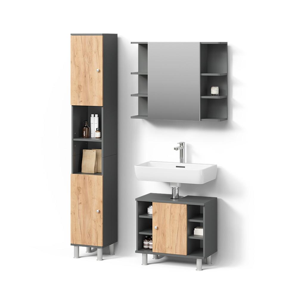 BADMÖBEL-SET Fucino Anthrazit/Goldkraft Eiche 3 Teile mit Hochschrank - Honigeiche/Anthrazit, Holzwerkstoff (60/54/32cm) - Livinity®