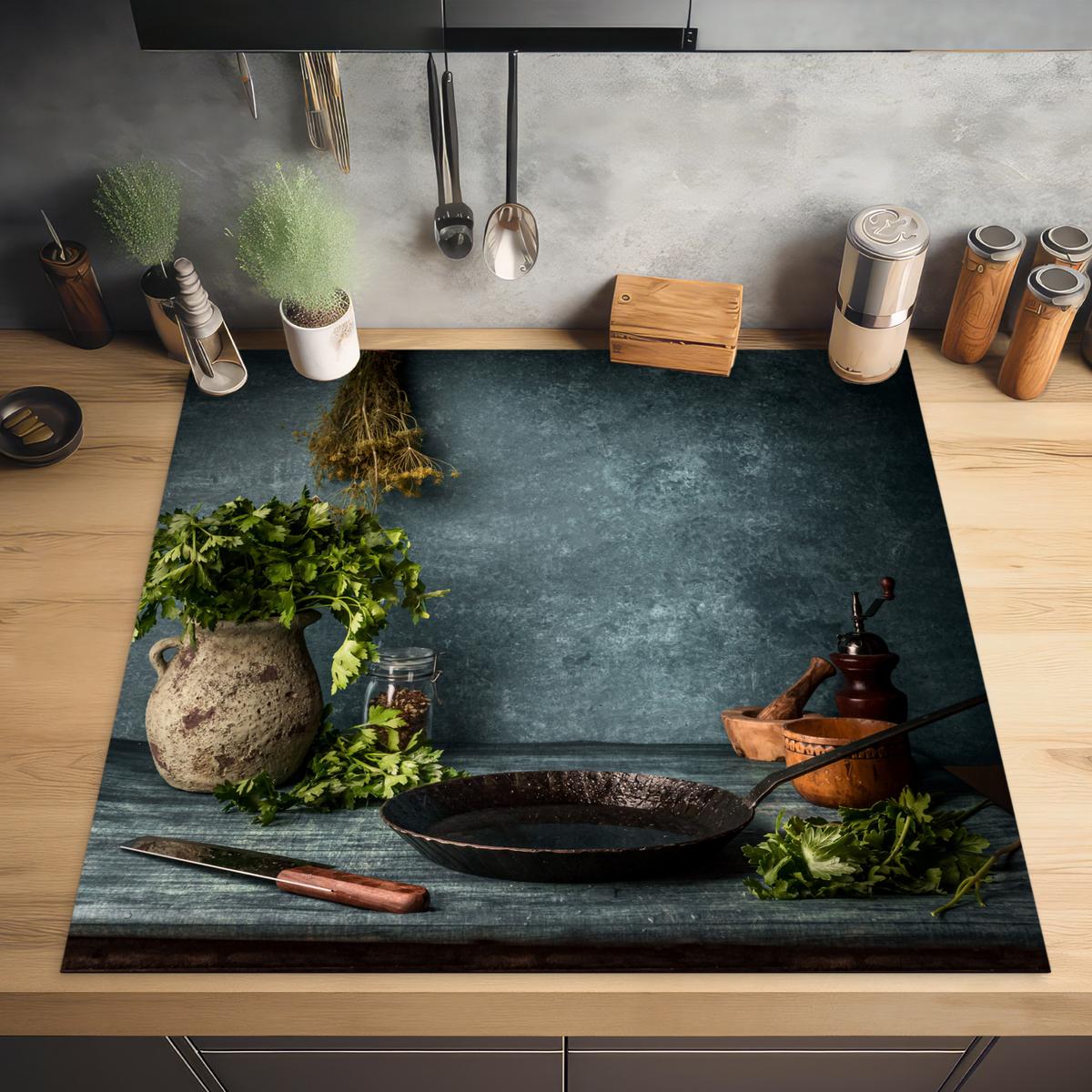 HERDABDECKPLATTE Kräuter - Gewürze - Pfanne - Messer - Grau - Rustikal Induktionsmatte 78x78 cm - Petrol, Kunststoff (78/78/0.2cm) - MuchoWow