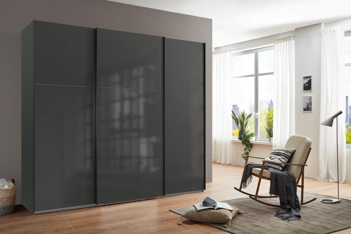 SCHWEBETÜRENSCHRANK 3-türig B250/H216/T65 cm in Anthrazit mit Glasfront, Kleiderschrank inkl. Vollausstattung / 22032 - Eichefarben/Anthrazit, Holzwerkstoff/Metall (250/216/65cm) - luma-home