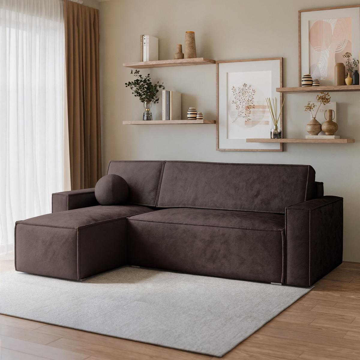ECKSOFA RAVELO M Braun Velours-Stoff mit Schlaffunktion - Braun/Grau, Holz/Kunststoff (240/140cm) - MASSENO
