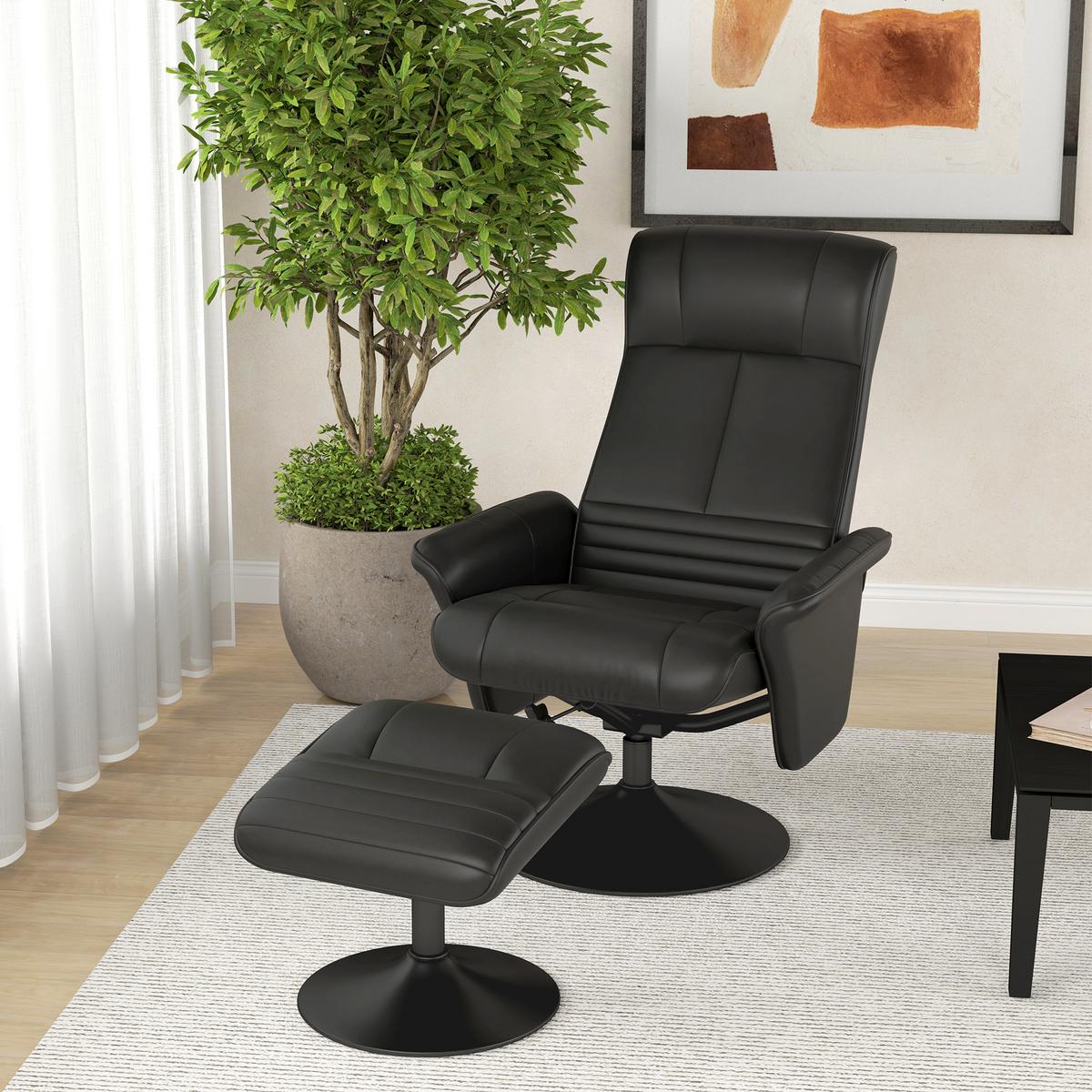 RELAXSESSEL mit Hocker Drehbarer Fernsehsessel mit Liegefunktion Mikrofasertuch - Schwarz, Textil/Metall (71/104/69cm) - HOMCOM