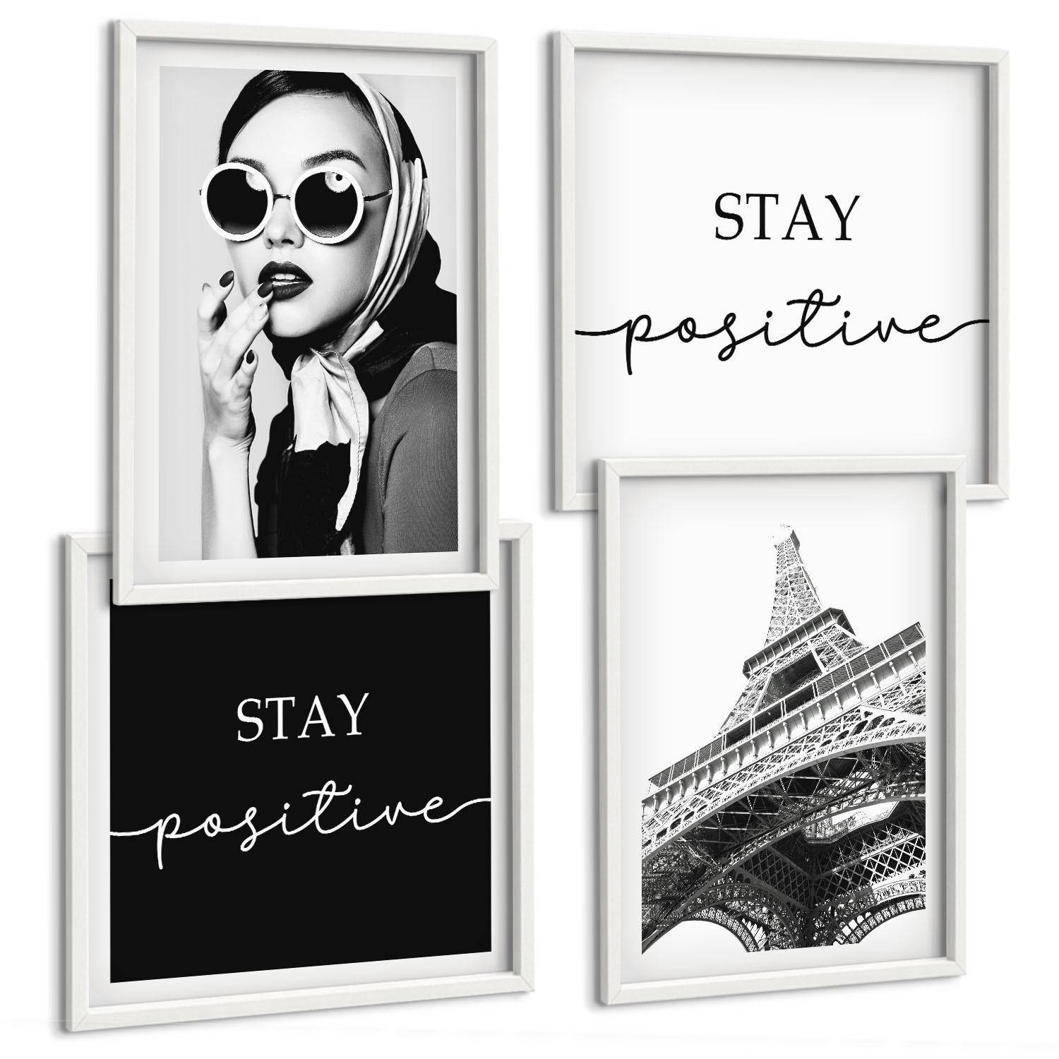 BILDER SET 4er Set - 50x50 cm & 40x60 cm Weißer Rahmen - Porträts, Eiffelturm-Slogans - Weiß, Kunststoff (50/50cm) - TULUP