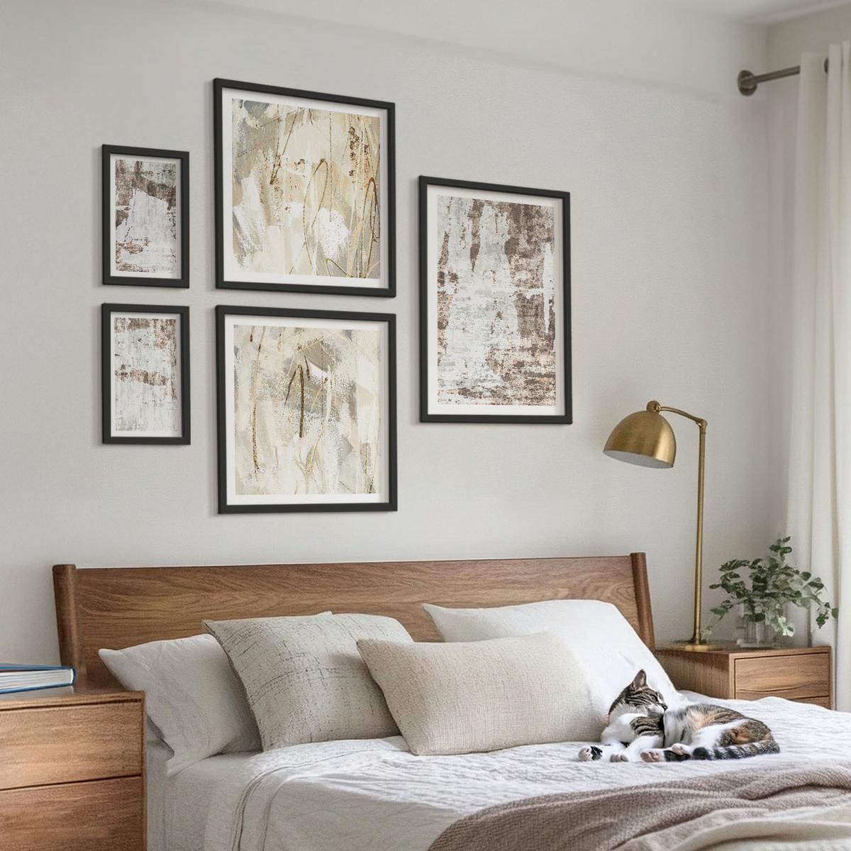 BILDER SET 5er Set - 50x50 cm & 20x30 cm & 40x60 cm Schwarzer Rahmen - Abstrakte Muster, weiß, braun - Schwarz, Kunststoff (40/60cm) - TULUP