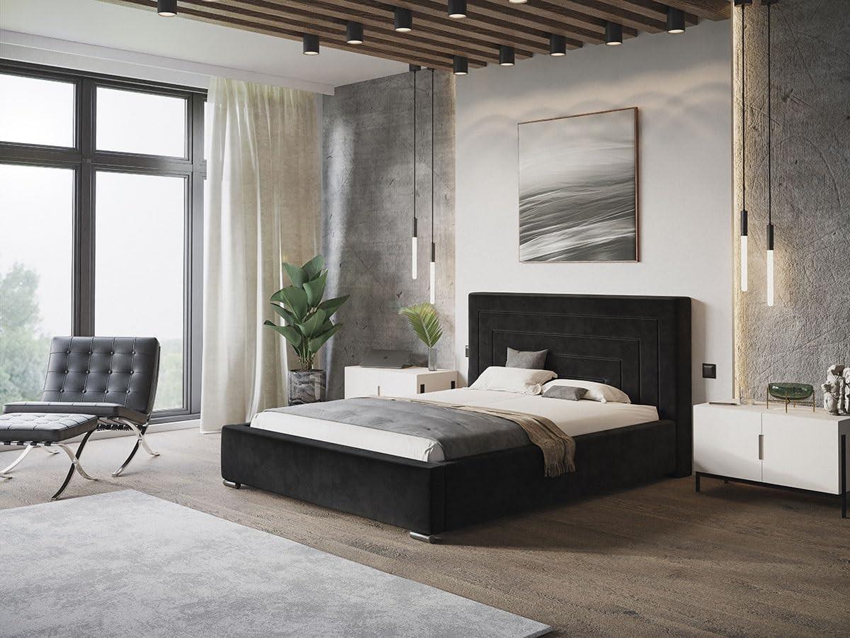 POLSTERBETT Nizza mit Kopfteil, 140x200 cm, Doppelbett mit Bettkasten und Lattenrost aus Holz, Velourstoff Schwarz - Schwarz, Holz/Textil (140/200cm) - Alpi-Möbel