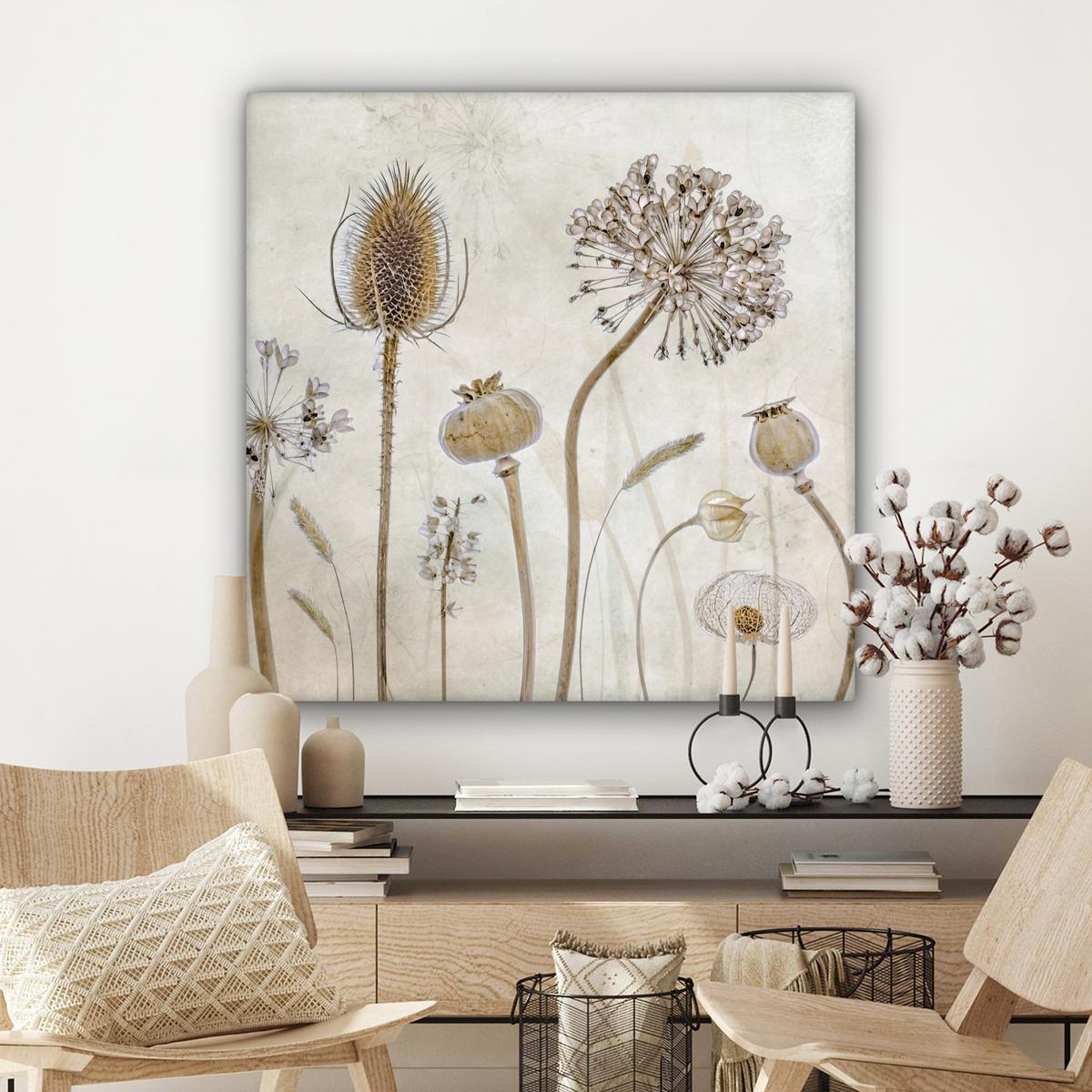 LEINWANDBILD Blumen - Aquarell - Stilleben - Braun - Vintage Deko Groß 90x90 cm - Beige, Textil (90/90cm) - MuchoWow