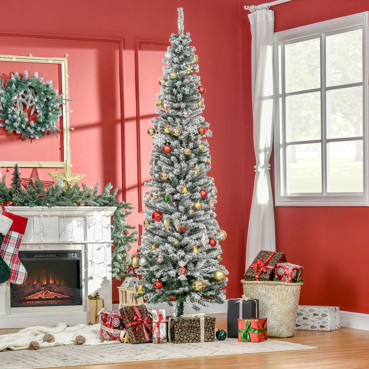 KÜNSTLICHER-WEIHNACHTSBAUM, 225 cm Bleistift Kiefernbaum mit Schnee 738 Spitzen - Grün, Kunststoff (225cm) - HOMCOM