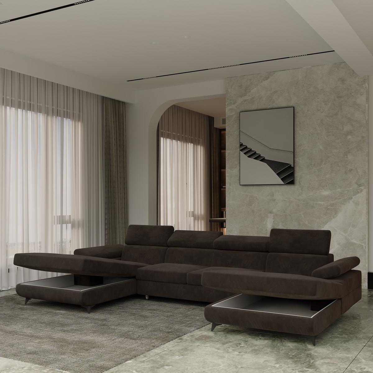 WOHNLANDSCHAFT DETTI Braun Velours-Stoff mit Schlaffunktion - Braun, Holz (339/89/190cm) - MASSENO