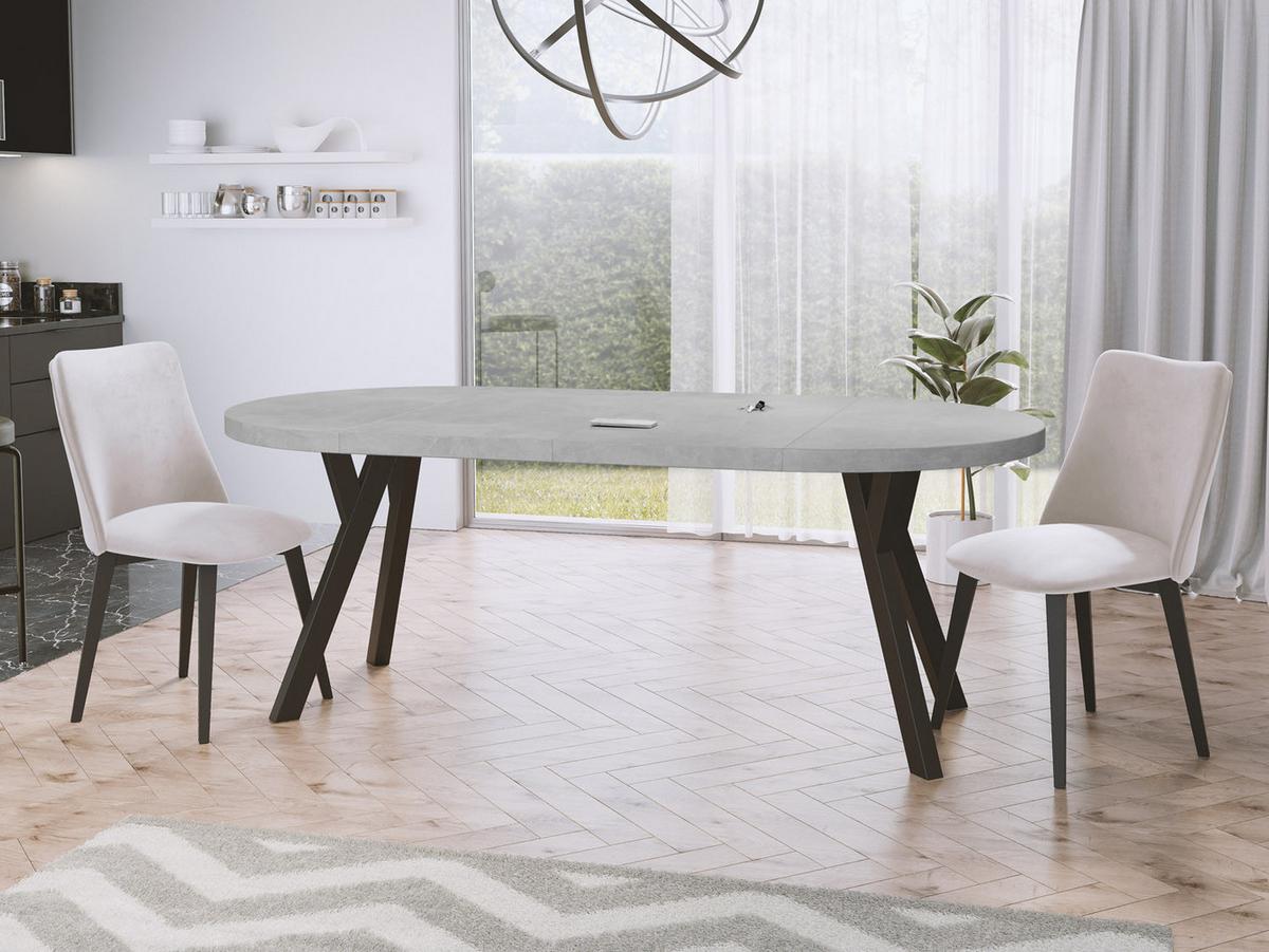 ESSTISCH Twixy runder ausziehbarer, Grauer Beton 100-200/100/76 cm - Hellgrau/Schwarz, Holz/Holzwerkstoff (100/200/76cm) - WFL GROUP