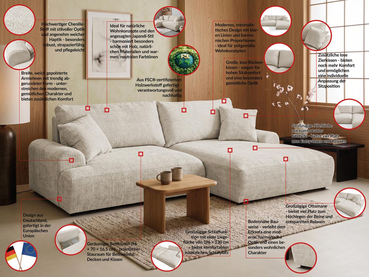 ECKSOFA Melvano mit Schlaffunktion und Bettkasten im Japandi-Stil aus weichem Beige Chenille-Stoff - Creme/Schwarz, Holz/Kunststoff (240/145cm) - S-Style