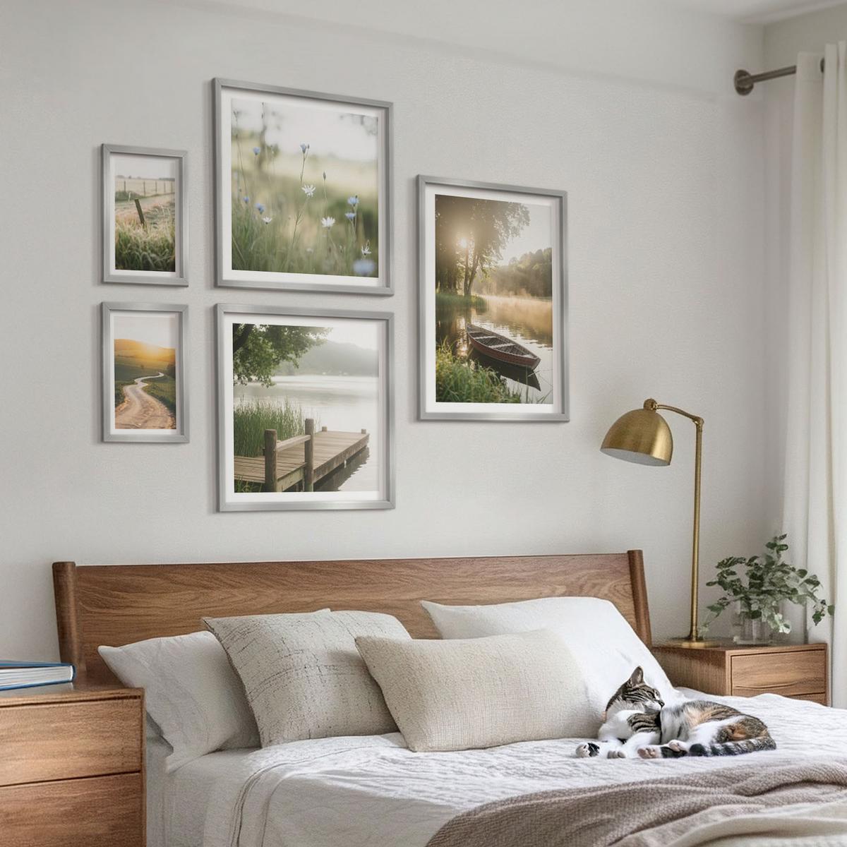 BILDER SET 5er Set - 50x50 cm & 20x30 cm & 40x60 cm Silberner Rahmen - Libellen im Gras, Wassermalerei - Silberfarben, Kunststoff (40/60cm) - TULUP