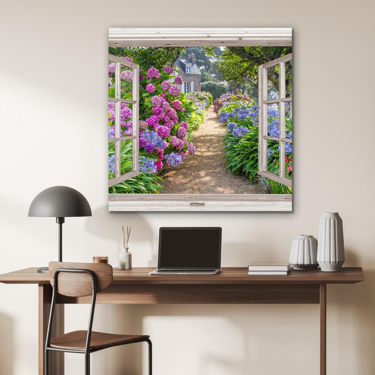 METALLBILD Hortensie - Durchsichtig - Blumen - Sommer - Lila - Weg 90x90 cm - Lila, Metall (90/90cm) - MuchoWow