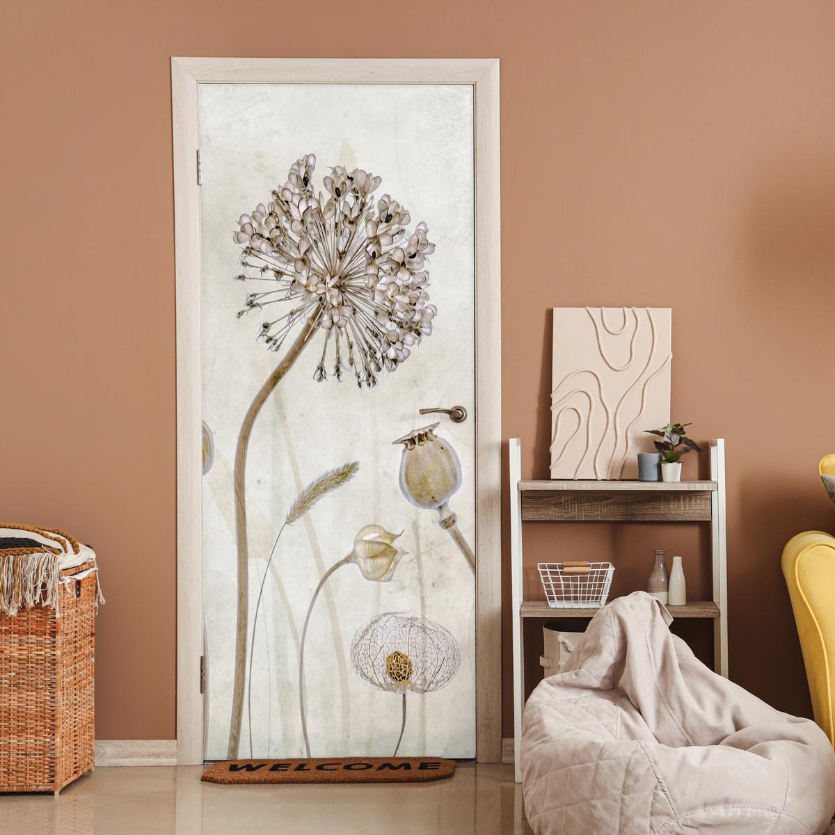 TÜRAUFKLEBER Selbstklebend - Blumen - Aquarell - Stilleben - Braun - Vintage 85x205 cm - Türtapete - Ecru, Kunststoff (85/205cm) - MuchoWow