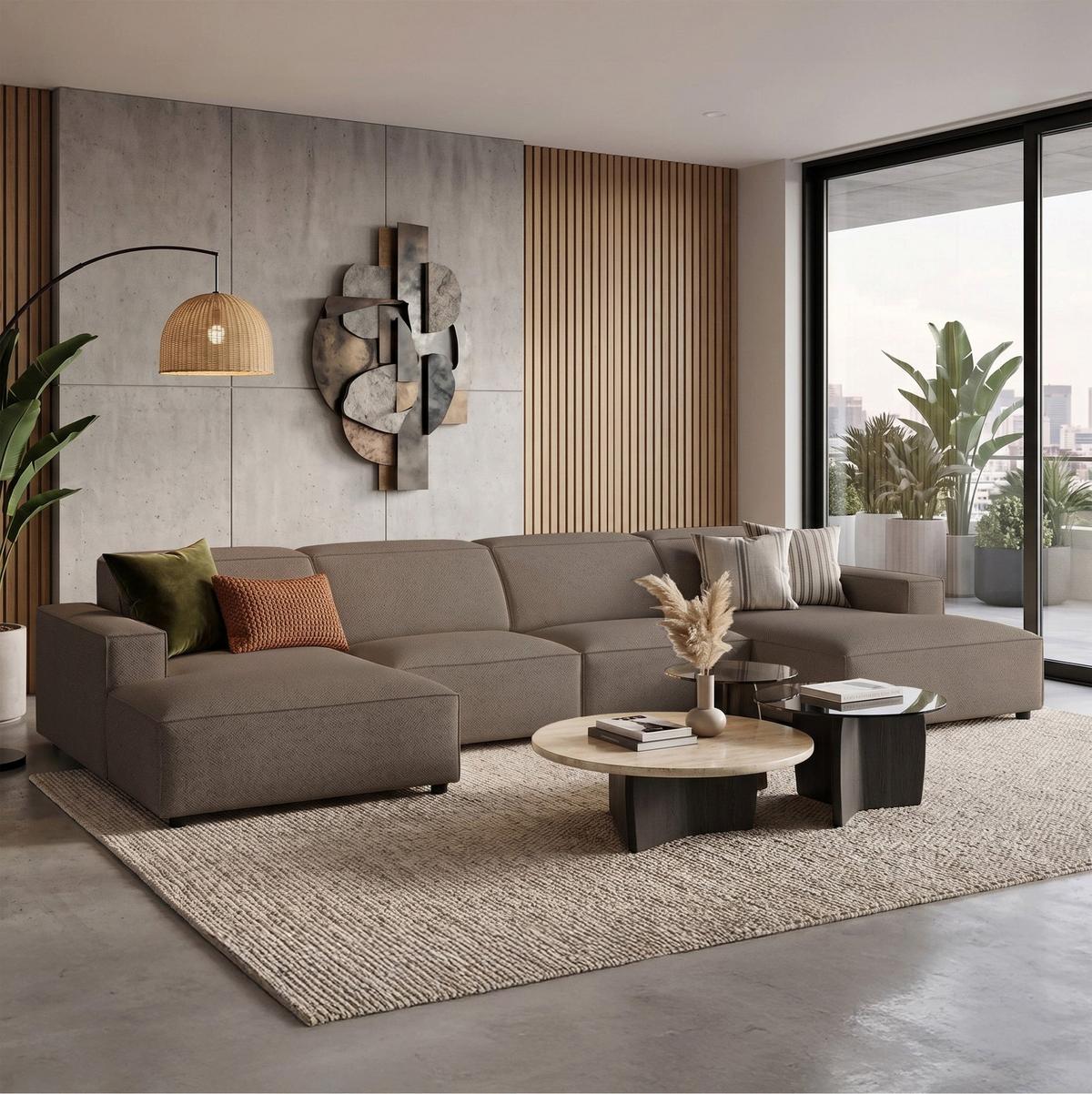 WOHNLANDSCHAFT Sellmo 368 cm - Hellbraun/Schwarz, Kunststoff/Textil (374/70/166cm) - Selsey