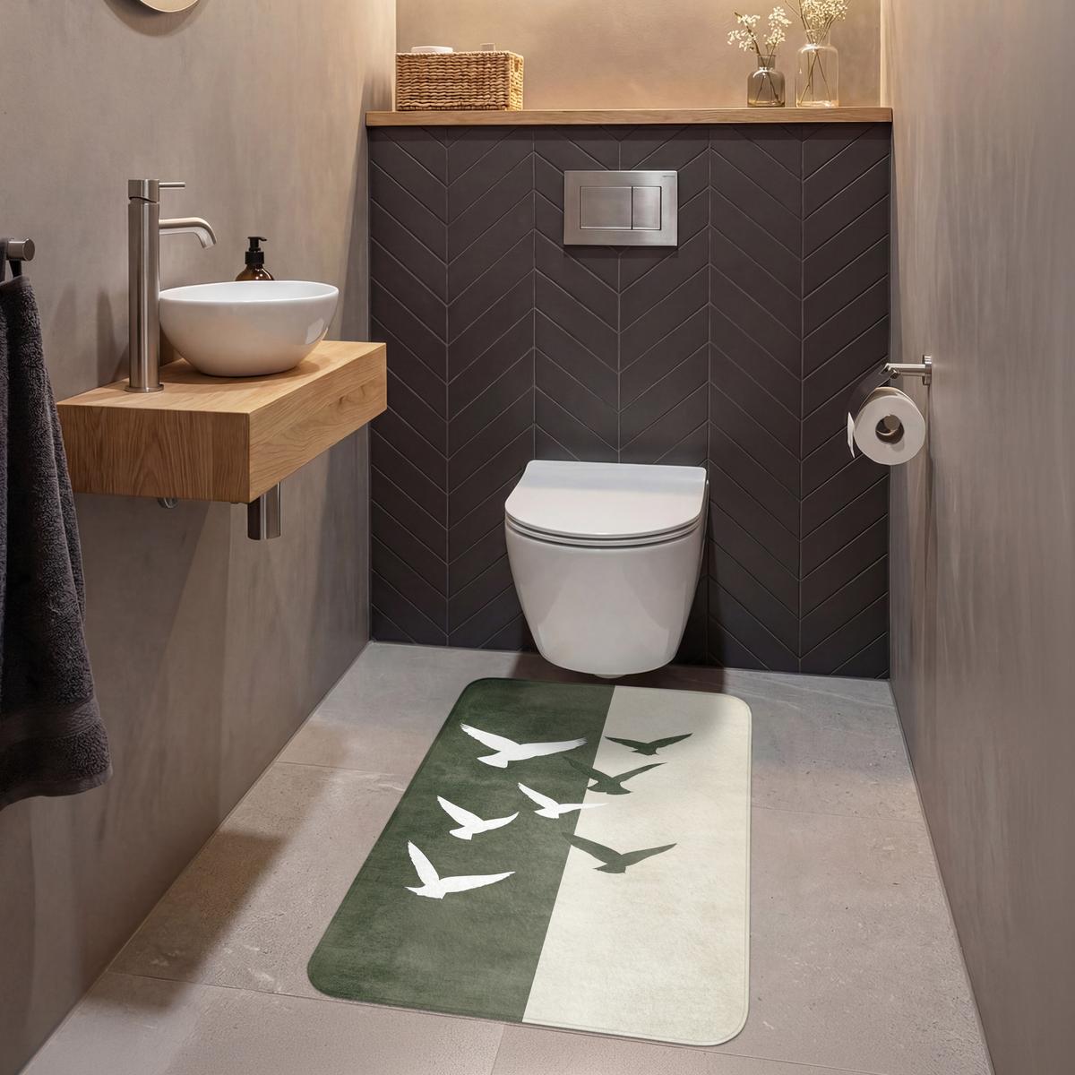 WC-VORLEGER Japandi - Vogel - Grün Toilettenvorleger 60x90 cm - Olivgrün, Textil (60/1cm) - OnlyWow