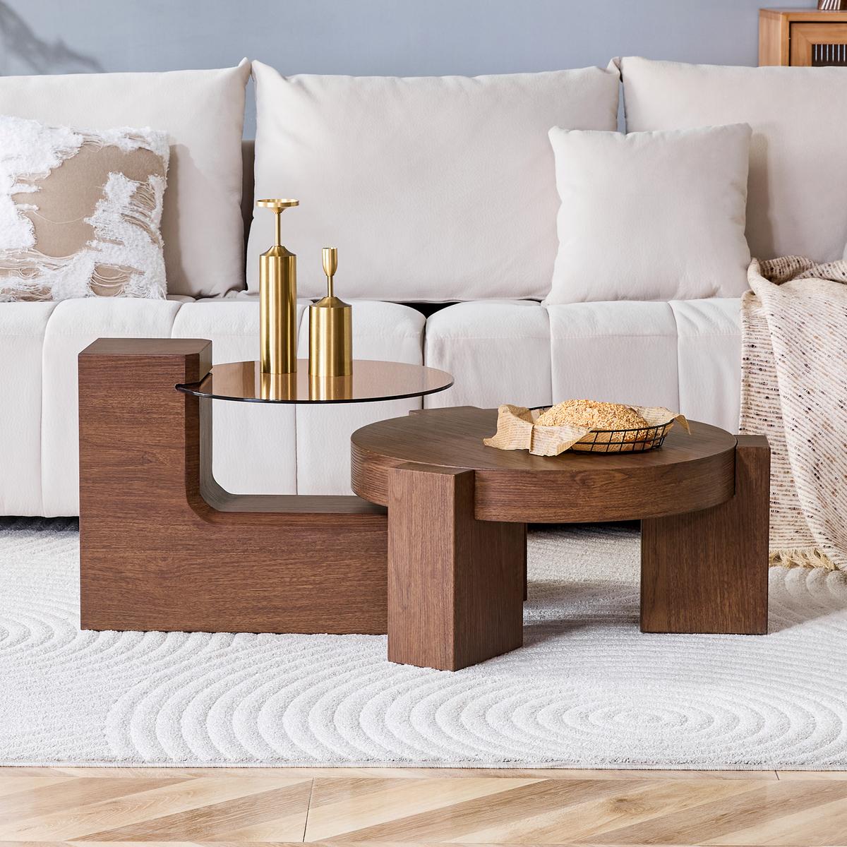 COUCHTISCH 2er-set nussbaum-optik & braunes glas trennbar - Walnussfarben, Holzwerkstoff (61/61/30cm) - Urban Meuble