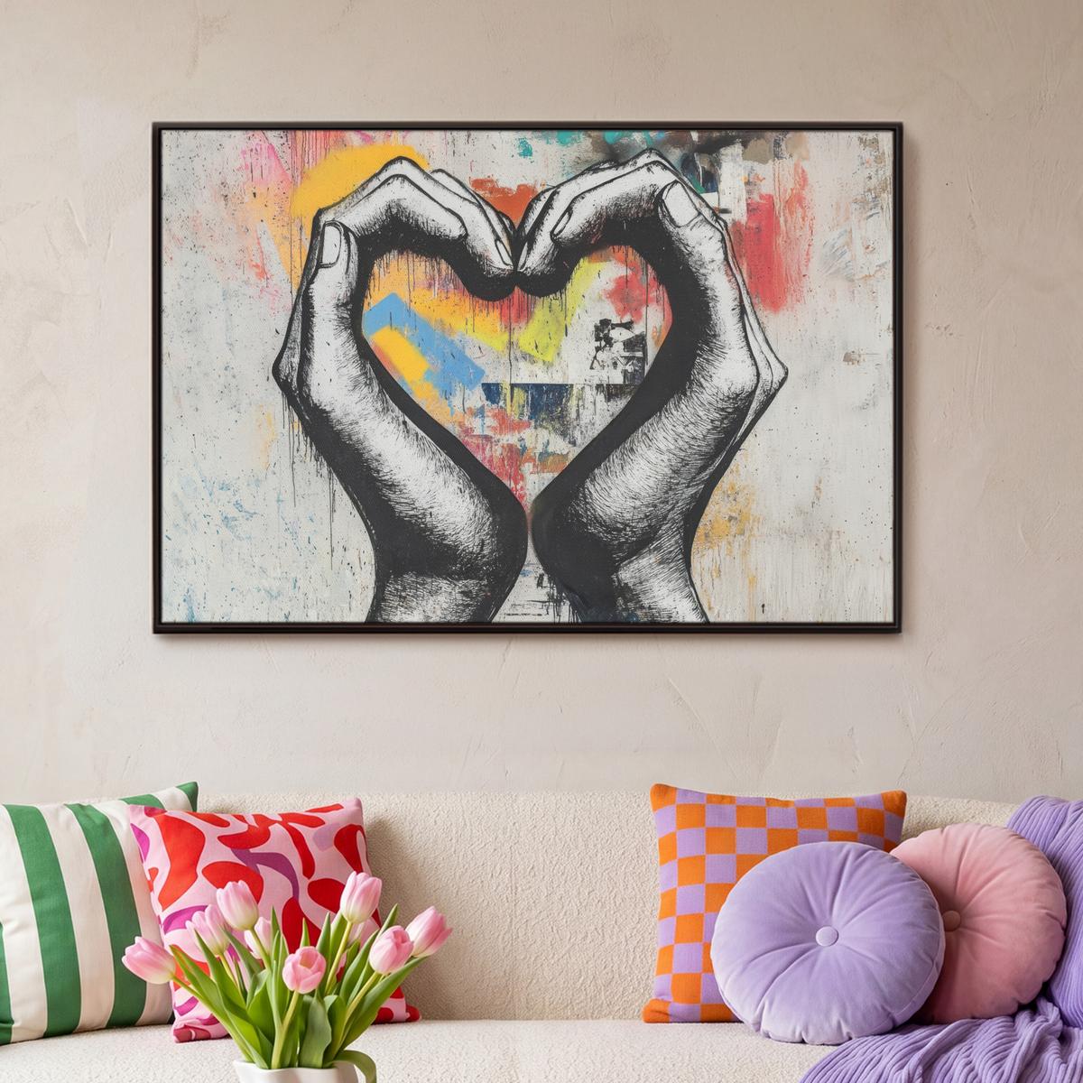LEINWAND Bilder mit Rahmen - Hände - Herz - Straßenkunst - Graffiti - 90x60 - Multicolor, Textil (90/60cm) - MuchoWow