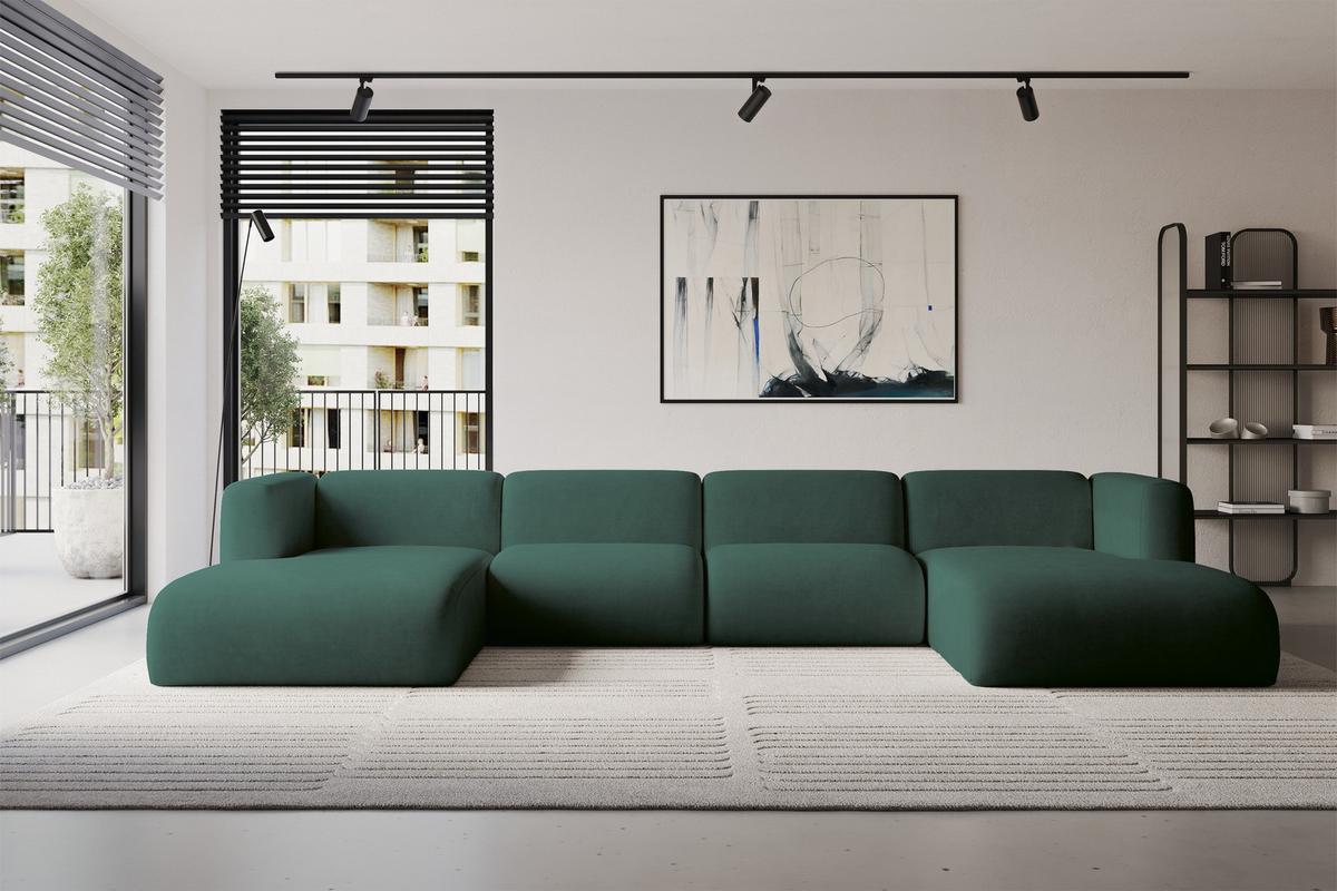 WOHNLANDSCHAFT MIRA-U2 408x179x70 Grün Velours - Dunkelgrün/Schwarz, Holzwerkstoff/Kunststoff (408/70/179cm) - ALTDECOR