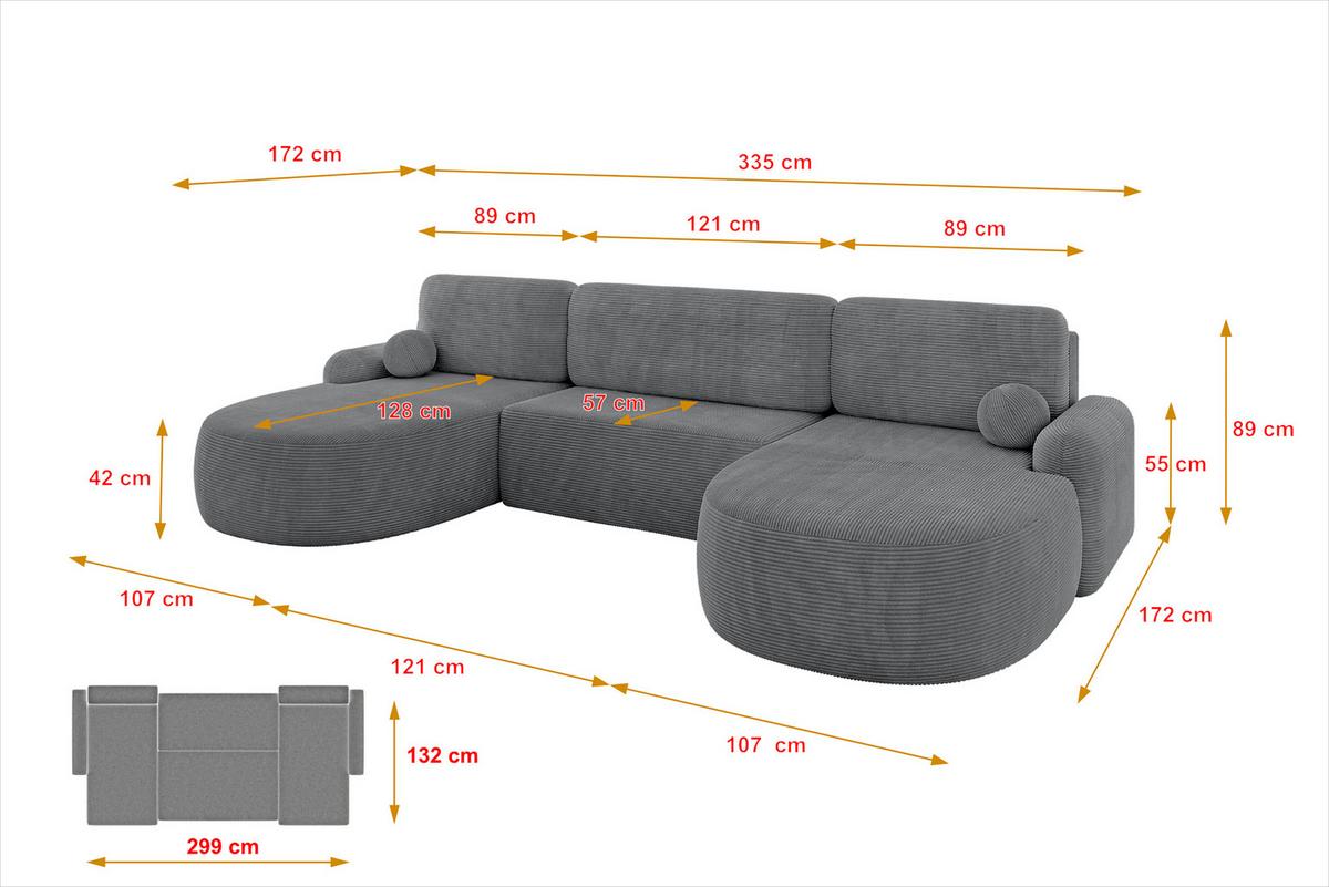 WOHNLANDSCHAFT mit Schlaffunktion und Bettkasten LIRA-U - 335x172x89 Dunkelgrau - Anthrazit, Holzwerkstoff/Textil (335/89/172cm) - ALTDECOR